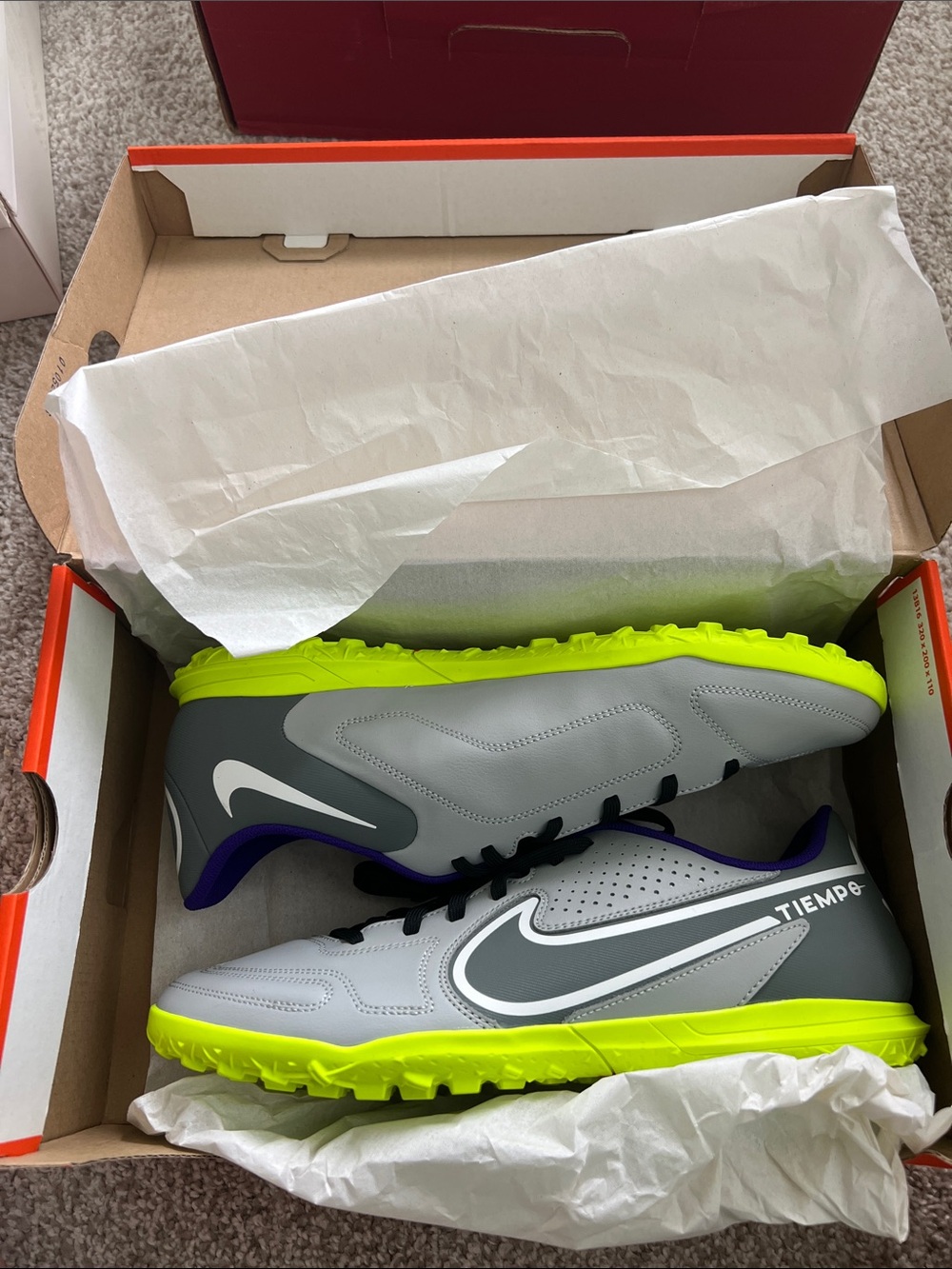 Nike Grey, Volt & Purple Tiempo Turf Soccer Shoes